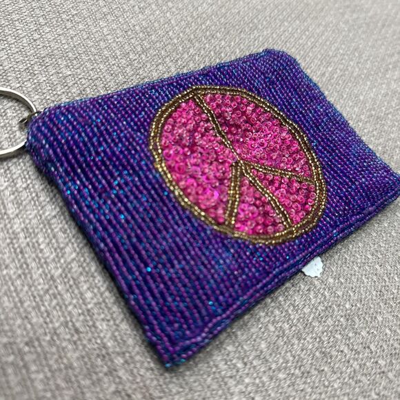 Hippie 2000s beaded peace sign purple coin purse with keychain Elissa Bloom - Picture 2 of 4